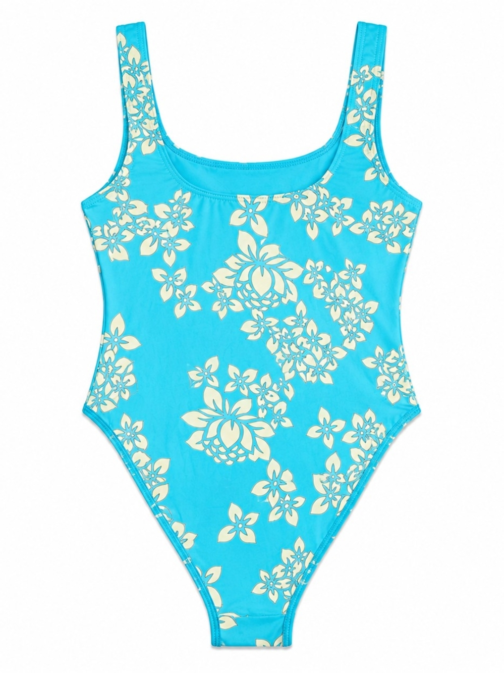 Floral High Cut One-Piece Swimsuit - Turquoise and Cream